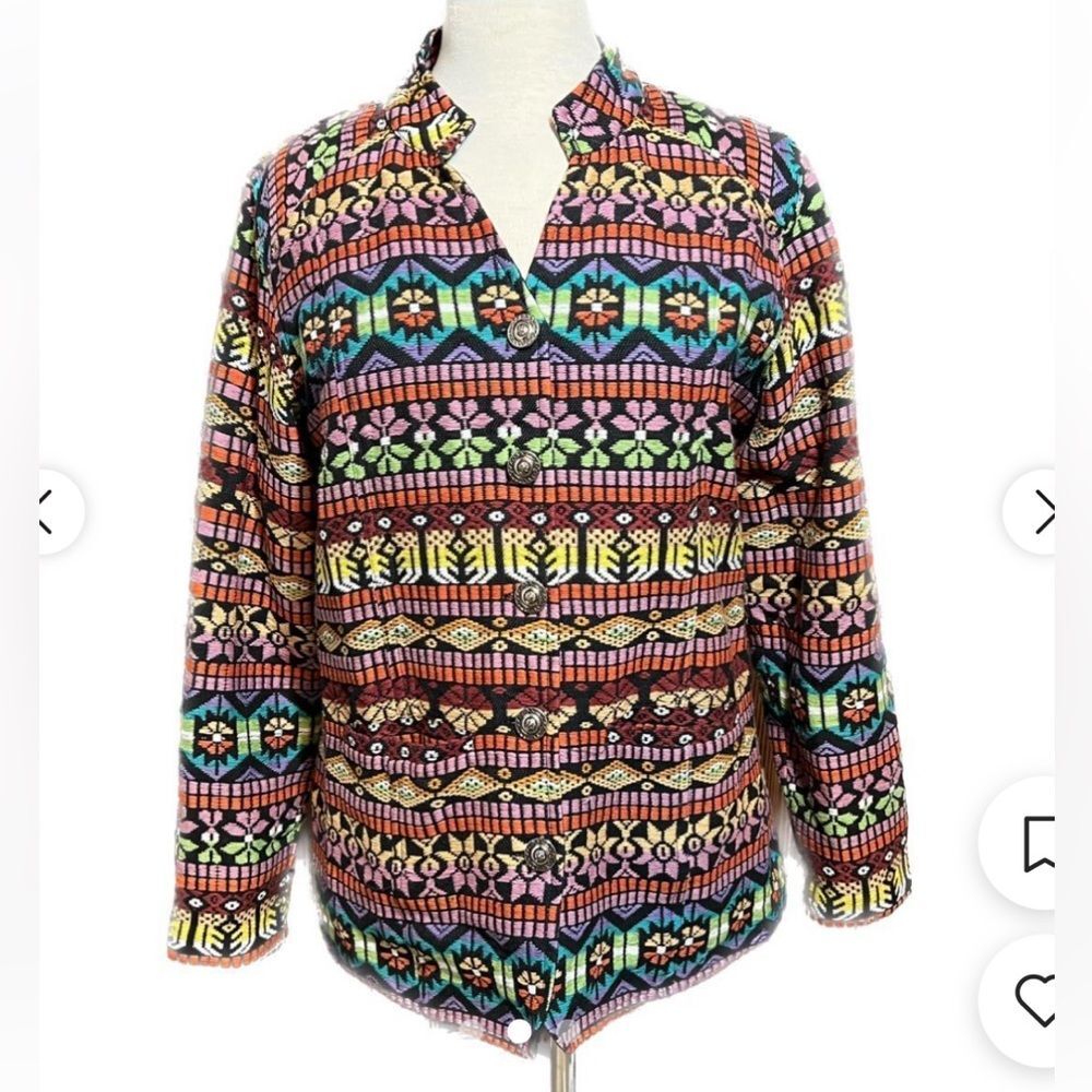BFA bold embroidered multicolor geometric print blazer with silver buttons.